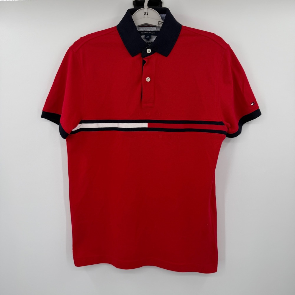 Tommy Hilfiger Mens Red Regular Fit Short Sleeve Stripe Pique Polo Shirt Small